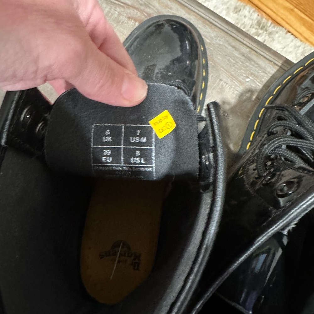 Dr. Martens Shiny Black Boots with Yellow Stitching